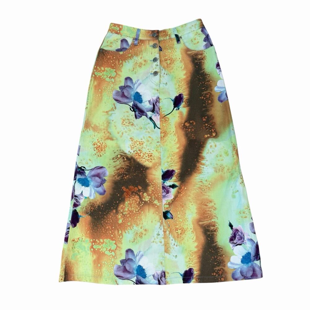 Vintage 90’s Karla Kops France Psychedelic Floral Denim Maxi Skirt